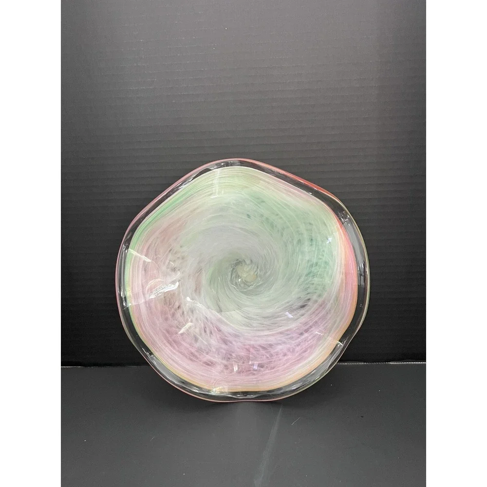 Vtg Mid-Century Murano Style‎ Pink Green Swirled Scalloped Glass Bowl